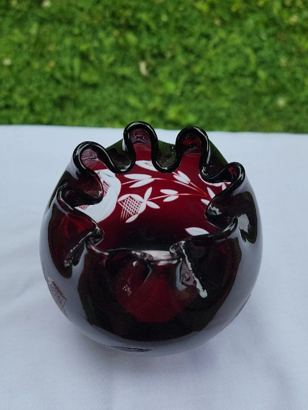 Ruby Red Cut Glass Bowl with Scalloped Rim Bud Vase